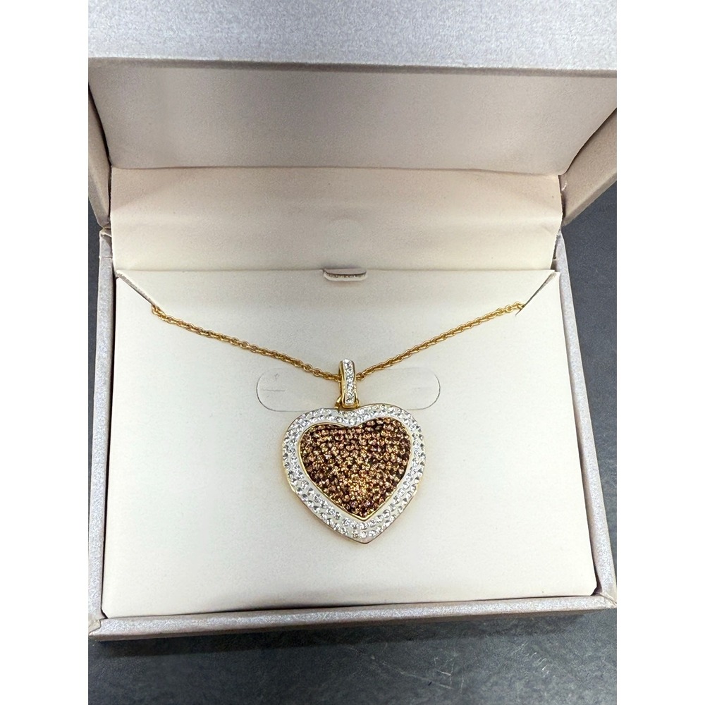 18kt Gold Over Bronze Chocolate White 18" Heart Pendant Earrings Ring Set Sz 7